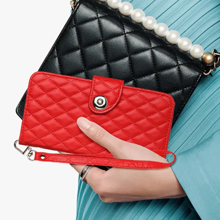 For iPhone SE 2024 Rhombic Texture Flip Leather Phone Case with Lanyard(Red) by bashfashion