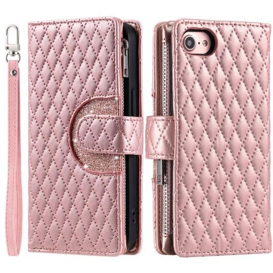 For iPhone 16e Glitter Lattice Zipper Wallet Leather Phone Case(Rose Gold) by bashfashion