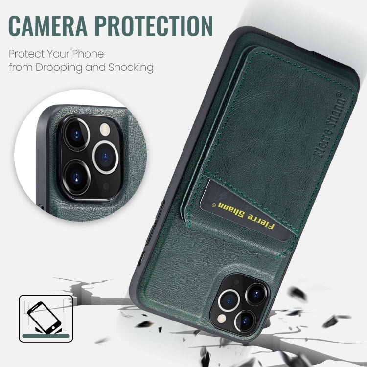 For iPhone 11 Pro Max Fierre Shann Cowhide Vertical Flip Magnetic Card Holder Phone Case(Green) by FIERRE SHANN