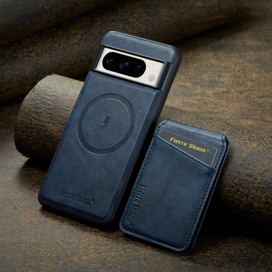 For Google Pixel 7a Fierre Shann Cowhide Vertical Flip Magnetic Card Holder Phone Case(Blue) by FIERRE SHANN