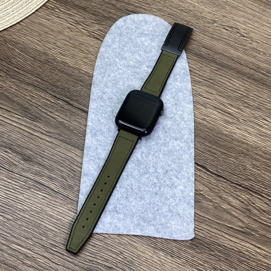 For Apple Watch Series 7 41mm Trapezoid Fold Magnetic Buckle Silicone PU Watch Band(Army Green) by bashfashion