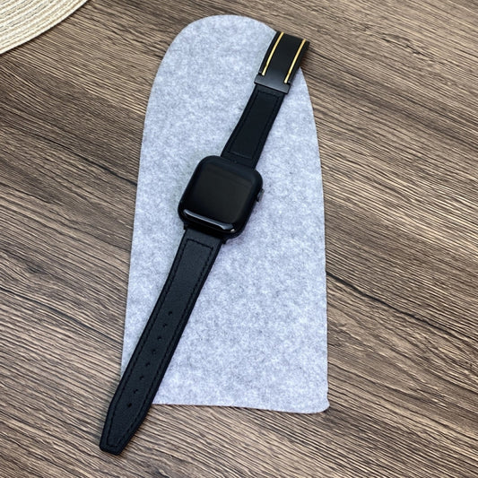 For Apple Watch Series 2 38mm Trapezoid Fold Magnetic Buckle Silicone PU Watch Band(Black Gold) by bashfashion