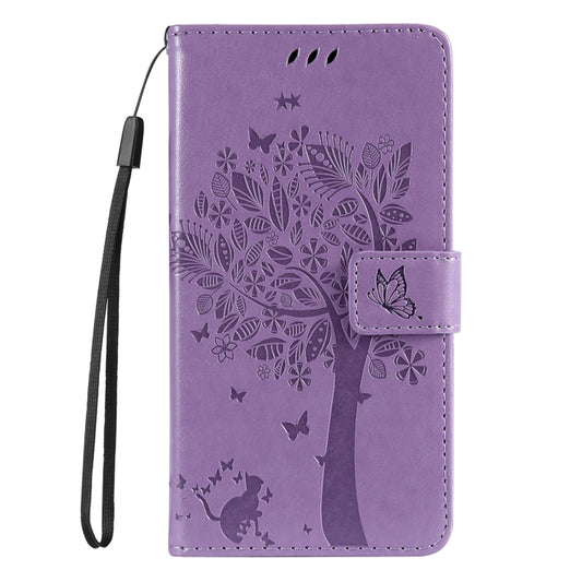 For iPhone 16e Tree & Cat Embossed Pattern Flip Leather Phone Case(Light Purple) by bashfashion