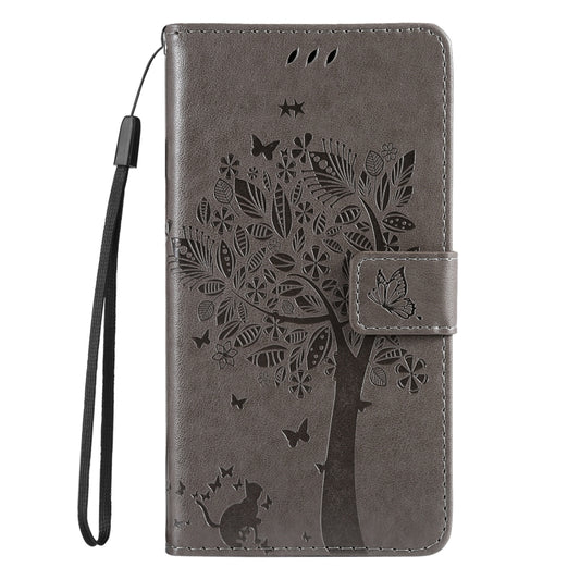 For iPhone 16e Tree & Cat Embossed Pattern Flip Leather Phone Case(Grey) by bashfashion