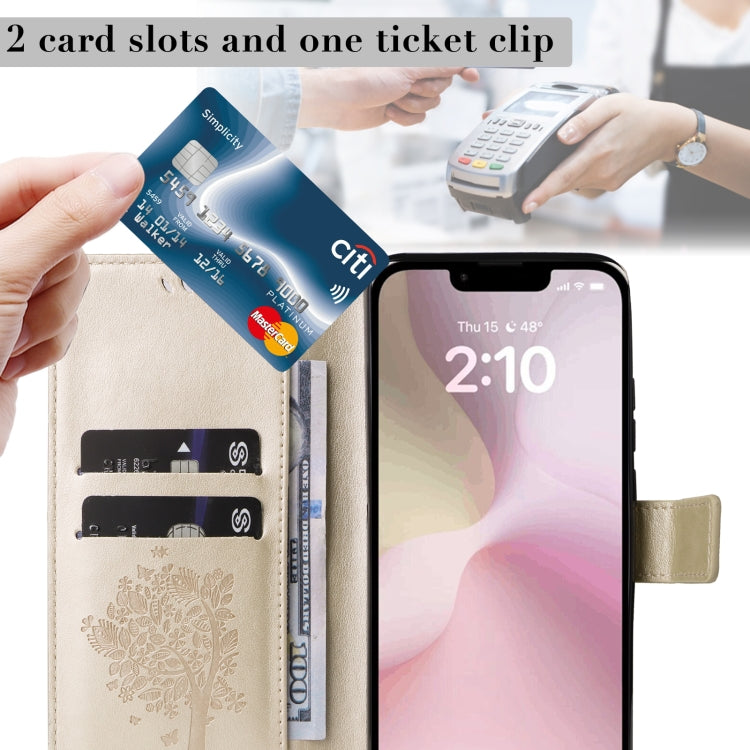 For iPhone 16e Tree & Cat Embossed Pattern Flip Leather Phone Case(Gold) by bashfashion