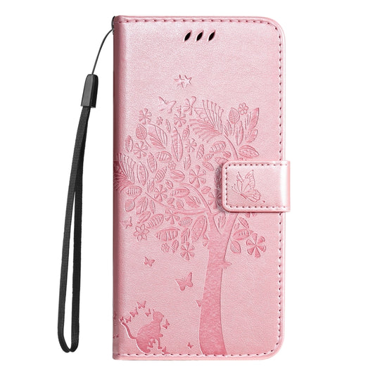 For iPhone 16e Tree & Cat Embossed Pattern Flip Leather Phone Case(Rose Gold) by bashfashion