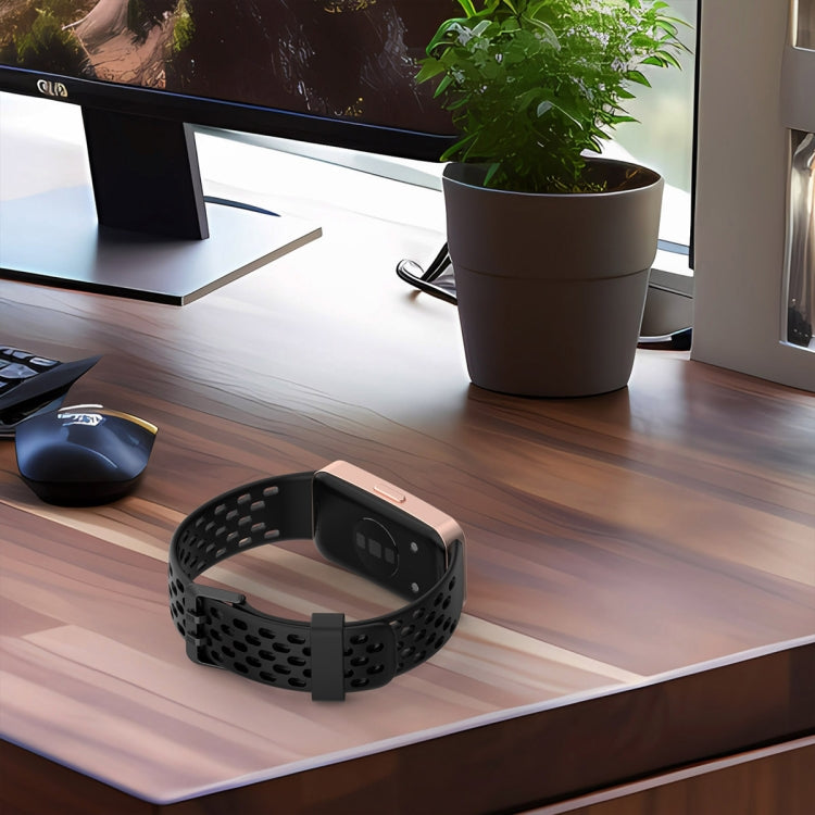 For Huawei Band 9 / 9 NFC / 8 / 8 NFC Hole Style Dual Black Buckle Silicone Watch Band(White) by bashfashion