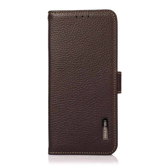 For iPhone 16e KHAZNEH Side-Magnetic Litchi Genuine Leather RFID Case(Brown) by bashfashion