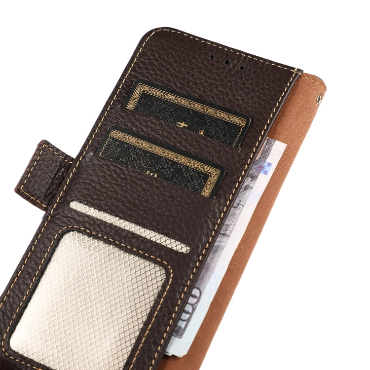 For iPhone 16e KHAZNEH Side-Magnetic Litchi Genuine Leather RFID Case(Brown) by bashfashion