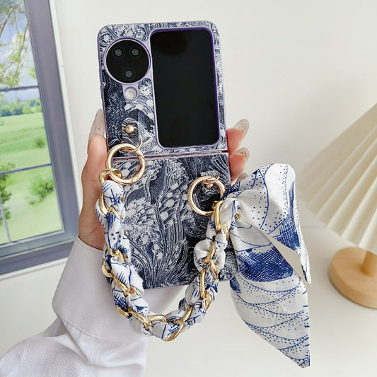 For OPPO Find N3 Flip Embroidery Style DIY Full Coverage Phone Case with Scarf / Bracelet(Blue) by bashfashion