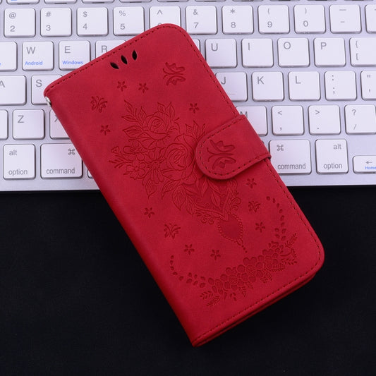 For iPhone 16e Butterfly Rose Embossed Leather Phone Case(Red) by bashfashion