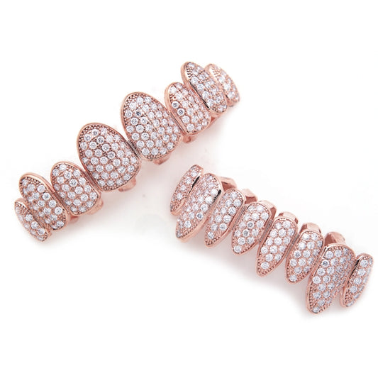 Hip Hop Braces Inlaid With Zircon, Eight Teeth Inlaid With Drill, Upper And Lower Dentures Set COS Props(Rose Gold) by bashfashion