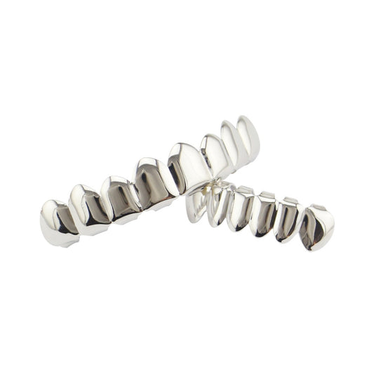 Hip Hop Accessories Gold Tooth Set Real Gold Plating Smooth Upper Eight Lower Six Denture Set(Silver) by bashfashion