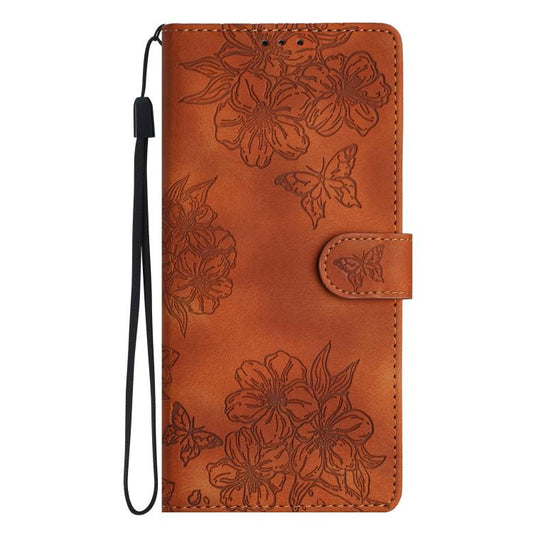 For iPhone 16e Cherry Blossom Butterfly Skin Feel Embossed PU Phone Case(Brown) by bashfashion