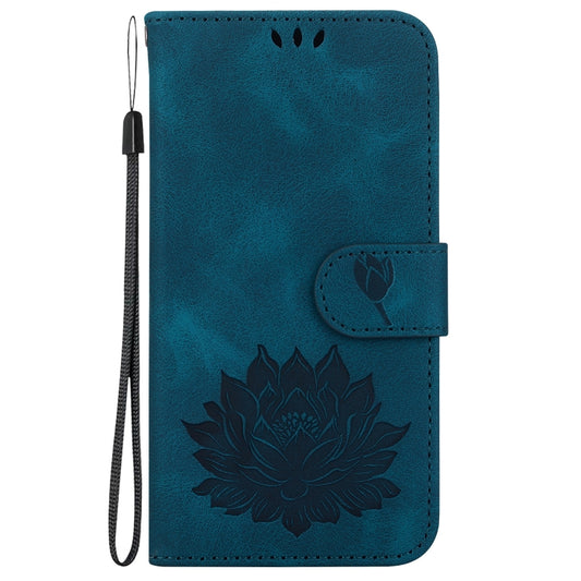 For iPhone 16e Lotus Embossed Leather Phone Case(Dark Blue) by bashfashion