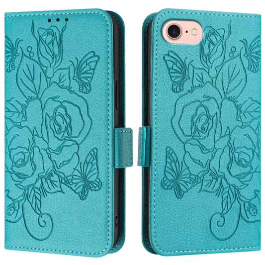 For iPhone SE 2024 Embossed Rose RFID Anti-theft Leather Phone Case(Light Blue) by bashfashion