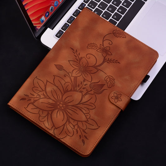 For Samsung Galaxy Tab S6 SM-T860 / SM-T865 Lily Embossed Leather Tablet Case with Pen(Brown) by bashfashion