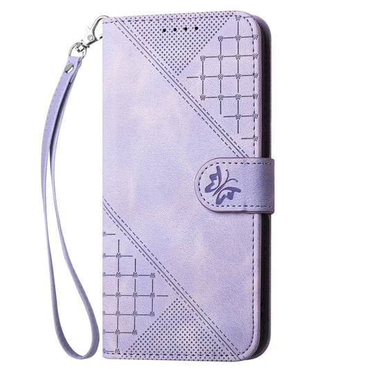For iPhone 16e YX0080 Grid Butterfly Embossed Pattern Flip Leather Phone Case with Lanyard(Light Purple) by bashfashion