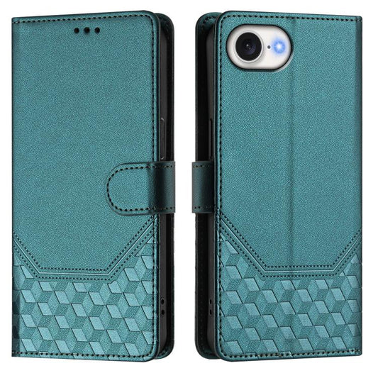 For iPhone 16e Honeycomb Embossing RFID Leather Phone Case(Peacock Green) by bashfashion