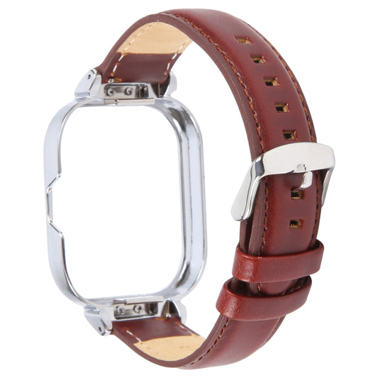 For Redmi Watch 4 Metal Silver Frame Genuine Leather Watch Band(Wine Red) by bashfashion