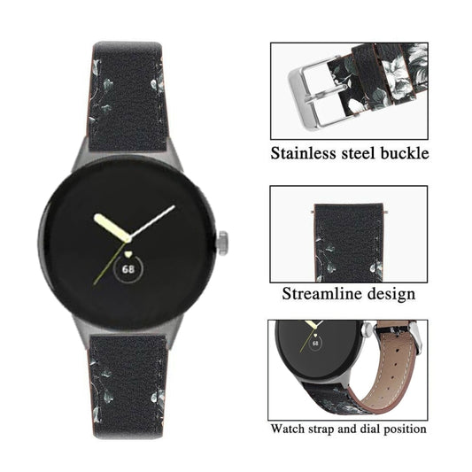 For Google Pixel Watch 3 45mm Round Tail Genuine Leather Watch Band(Black White Flower) by bashfashion