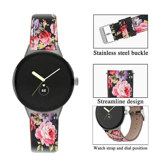 For Google Pixel Watch 3 45mm Round Tail Genuine Leather Watch Band(Black Pink Flower) by bashfashion