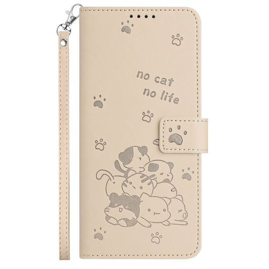 For iPhone 16e Embossed Kitten Phone Leather Case with Lanyard(Beige) by bashfashion