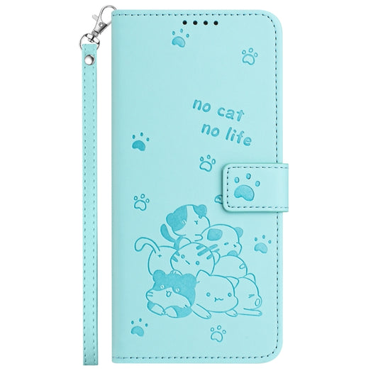 For iPhone 16e Embossed Kitten Phone Leather Case with Lanyard(Mint Green) by bashfashion