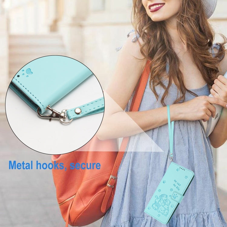 For iPhone 16e Embossed Kitten Phone Leather Case with Lanyard(Mint Green) by bashfashion