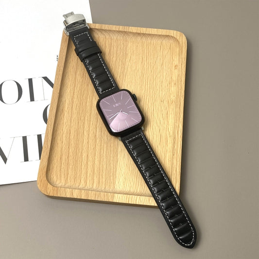For Apple Watch 42mm / 41mm / 40mm / 38mm Striations Genuine Leather Butterfly Buckle Watch Band(Black) by bashfashion