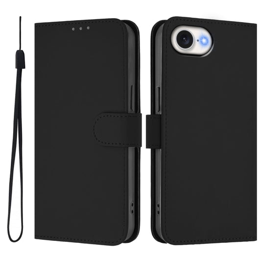 For iPhone 16e Skin Feel Solid Color Leather Phone Case with Lanyard(Black) by bashfashion