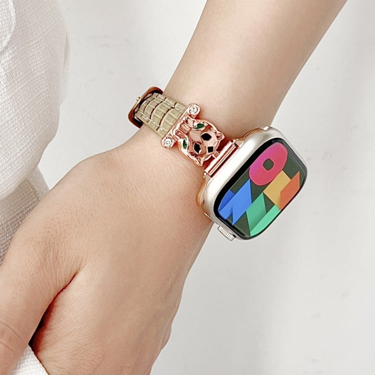 For Apple Watch 42mm / 41mm / 40mm / 38mm Leopard Head Bamboo Texture Leather Watch Band(Rose Gold Khaki) by bashfashion