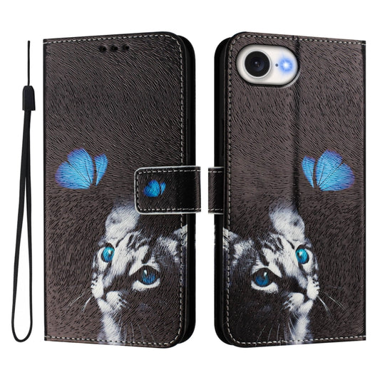 For iPhone 16e Art Colored Drawing Pattern Leather Phone Case(Butterfly cat) by bashfashion