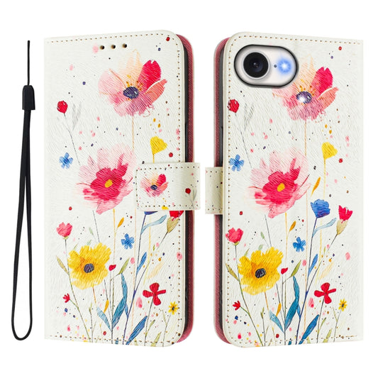 For iPhone 16e Art Colored Drawing Pattern Leather Phone Case(Flowers and plants) by bashfashion