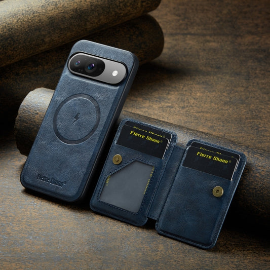 For Google Pixel 9 / 9 Pro Fierre Shann Cowhide Horizontal Flip Magnetic Card Holder Phone Case(Blue) by FIERRE SHANN