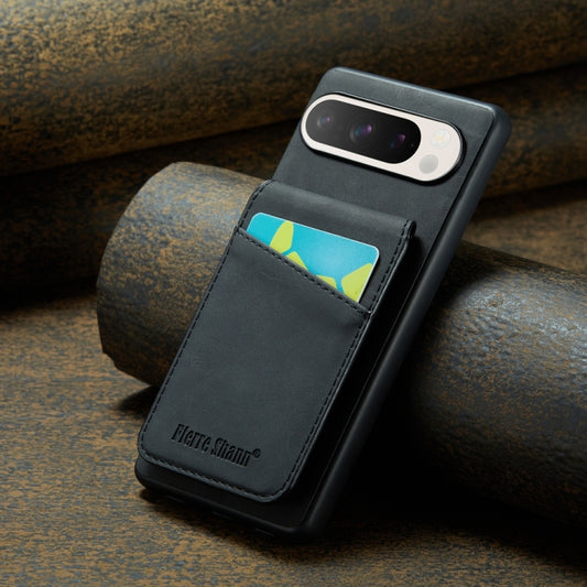 For Google Pixel 9 Pro XL Fierre Shann Crazy Horse Card Holder Back Cover PU Phone Case(Black) by FIERRE SHANN