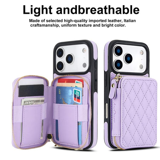 For iPhone 17 Pro Max AwQuer Crossbody Zipper Wallet Rhombic Leather Back Phone Case(Purple) by Awquer