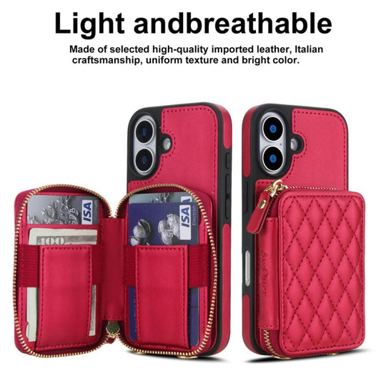 For iPhone 17 AwQuer Crossbody Zipper Wallet Rhombic Leather Back Phone Case(Red) by Awquer