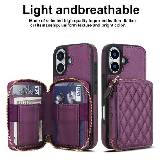 For iPhone 17 AwQuer Crossbody Zipper Wallet Rhombic Leather Back Phone Case(Dark Purple) by Awquer