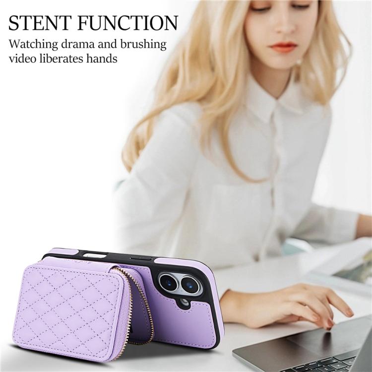 For iPhone 17 AwQuer Crossbody Zipper Wallet Rhombic Leather Back Phone Case(Purple) by Awquer