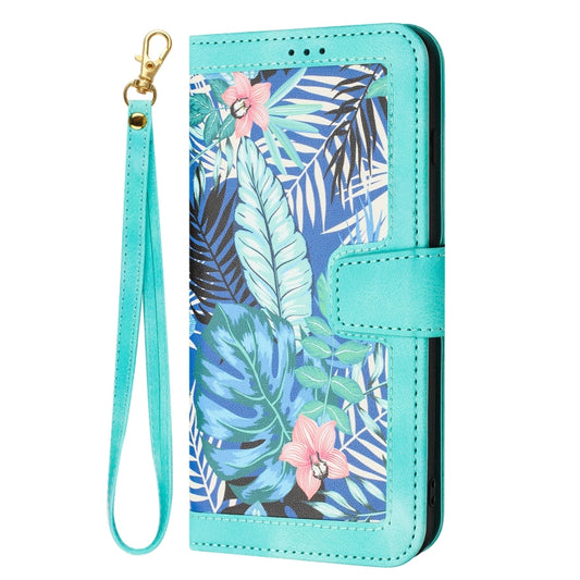 For iPhone 16e Floral Pattern Leather Phone Case with Lanyard(Green) by bashfashion