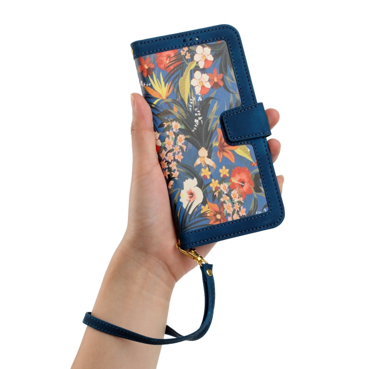 For iPhone 16e Floral Pattern Leather Phone Case with Lanyard(Dark Blue) by bashfashion