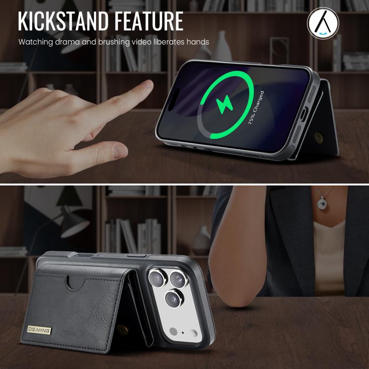 For iPhone 17 Pro DG.MING M6 Series RFID Tri-fold Card Bag Removable Leather Phone Case(Black) by DG.MING