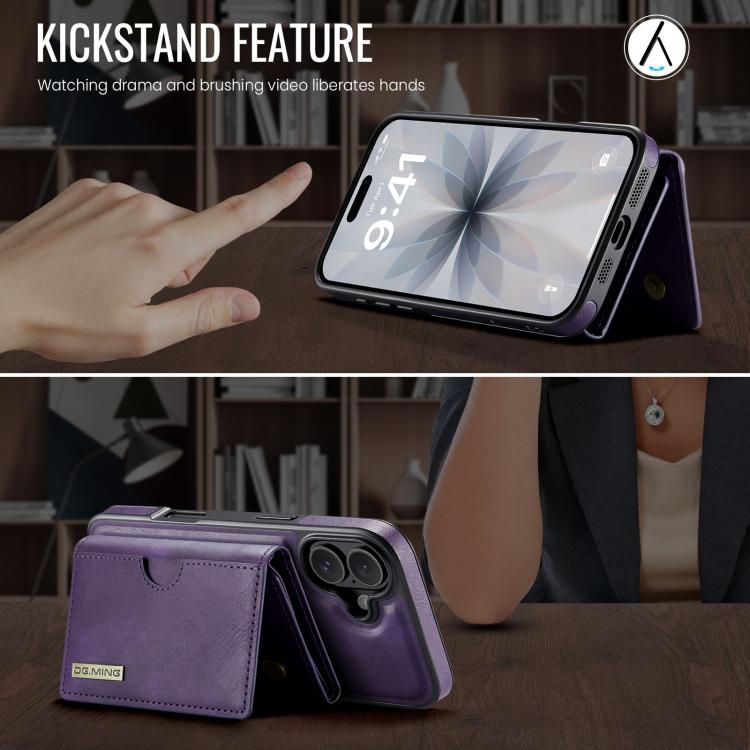 For iPhone 17 DG.MING M6 Series RFID Tri-fold Card Bag Removable Leather Phone Case(Purple) by DG.MING