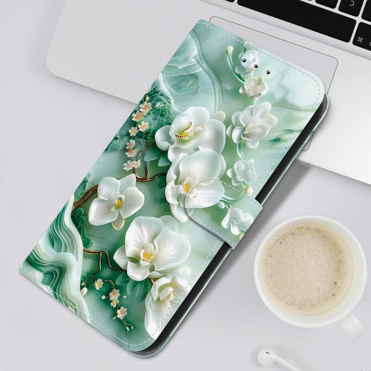 For iPhone 16e Crystal Texture Colored Drawing Leather Phone Case(Jade Flowers) by bashfashion