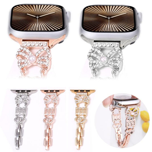 For Apple Watch 46mm / 49mm / 45mm / 44mm Bow Jewelry Buckle Stainless Steel Watch Band(Rose Gold) by bashfashion