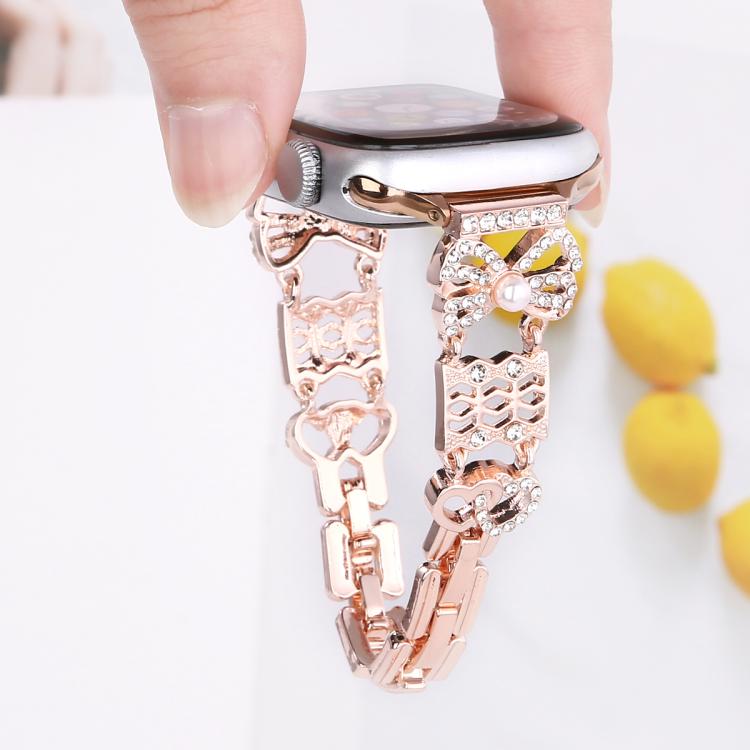 For Apple Watch 46mm / 49mm / 45mm / 44mm Bow Jewelry Buckle Stainless Steel Watch Band(Rose Gold) by bashfashion