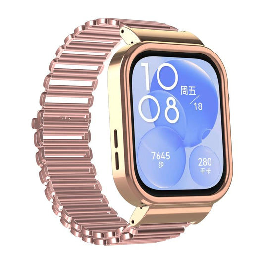 For Huawei Watch Fit3 Hollow Chain Metal Frame Watch Band(Rose Gold+Rose Pink) by bashfashion