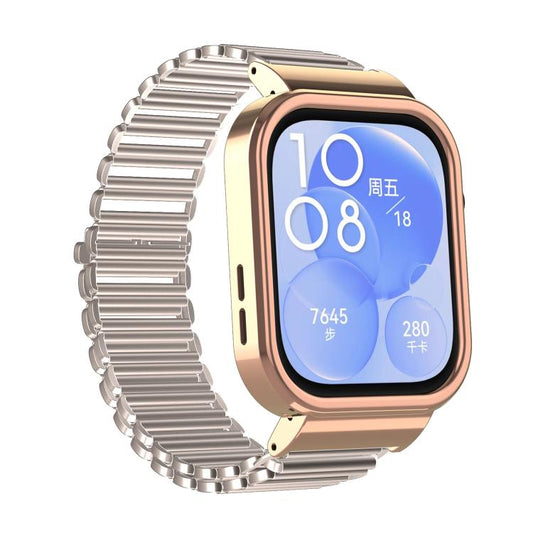 For Huawei Watch Fit3 Hollow Chain Metal Frame Watch Band(Rose Gold+Starlight) by bashfashion