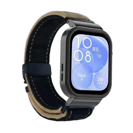 For Huawei Watch Fit3 Brushed Metal Black Frame Watch Band(Black Dark Brown) by bashfashion